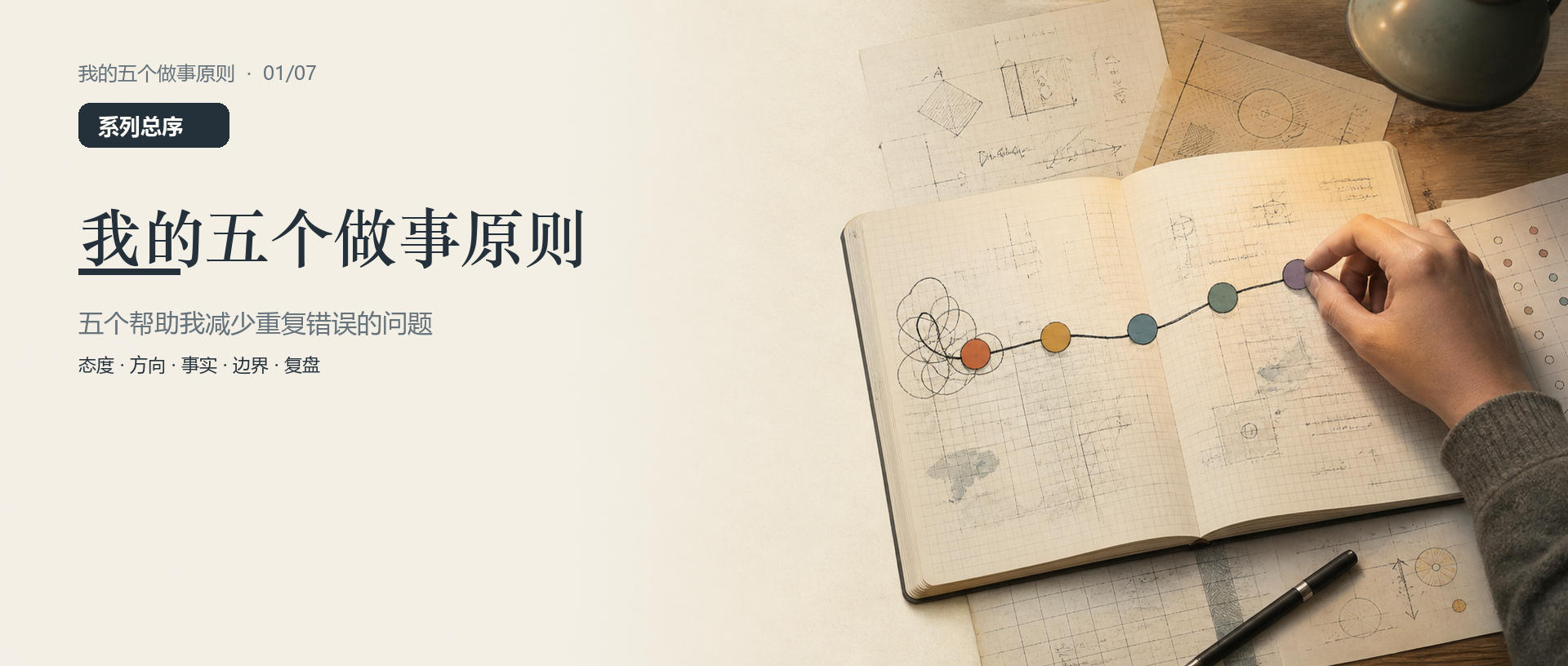 《我的五个做事原则》系列总封面：一只手在生活手账上用五个节点把混乱线团整理成清晰路径