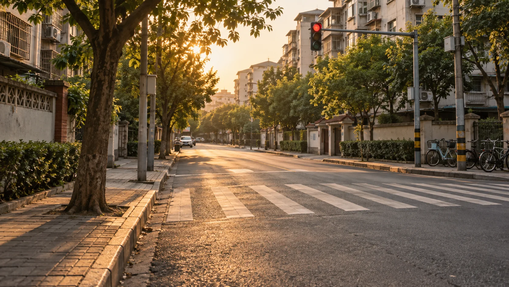 傍晚的普通上学路：斑马线、红绿灯与安静的街道