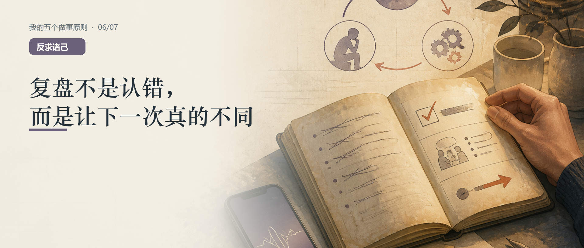 反求诸己篇封面：旧日记、检查框和回环路径指向下一次真正不同的行动