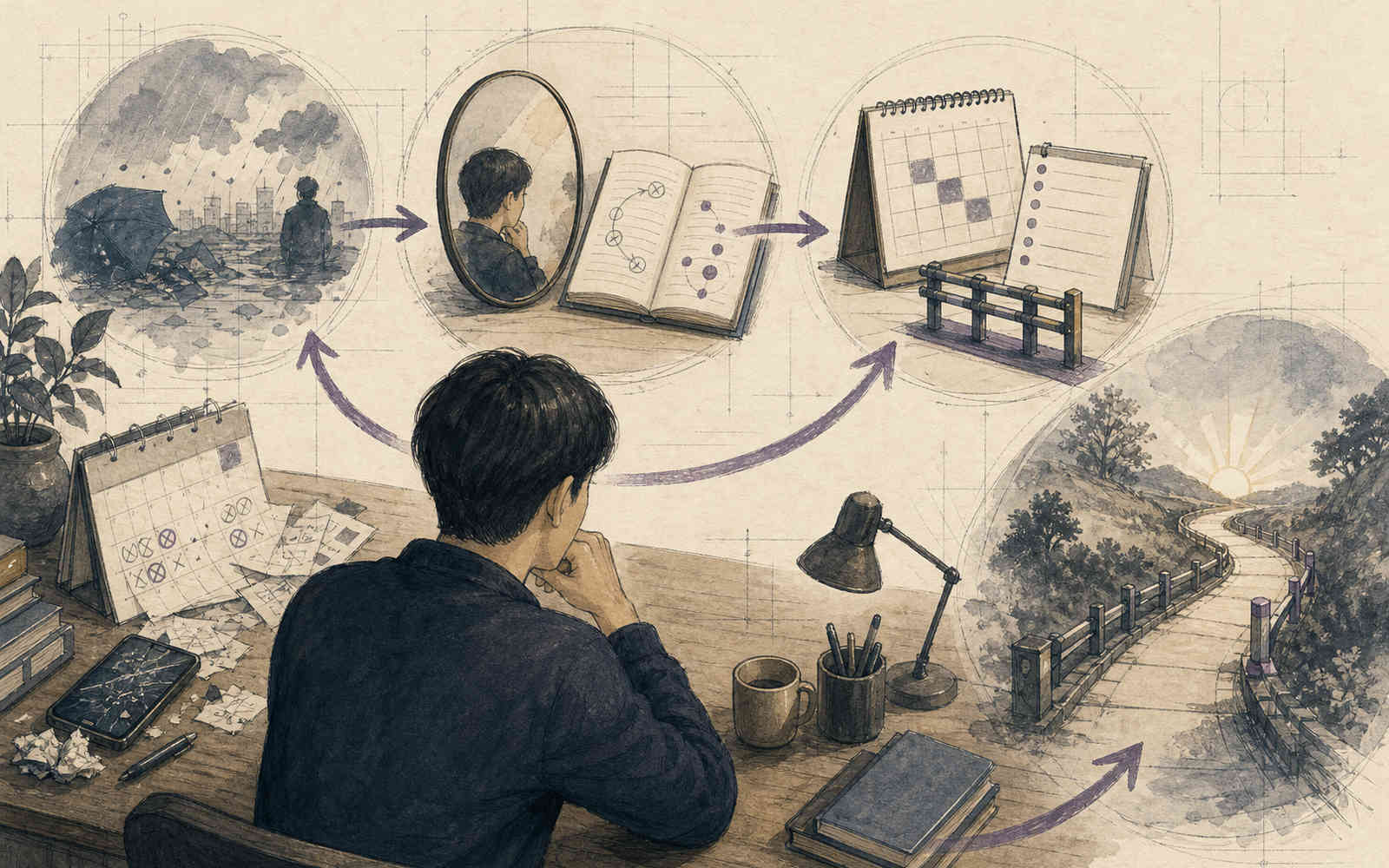 人物回看一次失败，经历、反思和机制变化组成闭环，未来路径增加了新的检查点