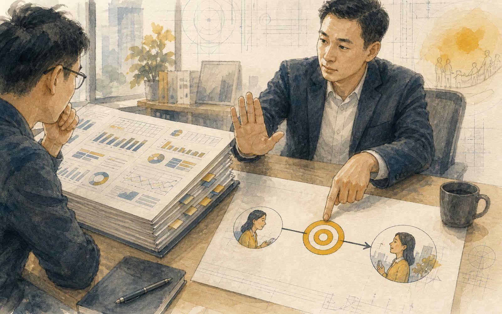 技术人员展示厚重报告，领导将其按下并指向真实用户与可观察结果